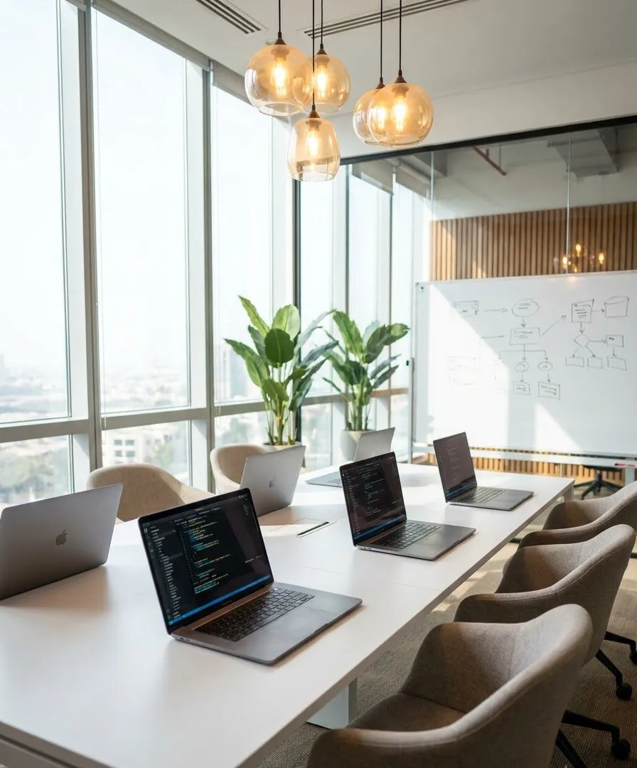 A small AI training room with six laptops